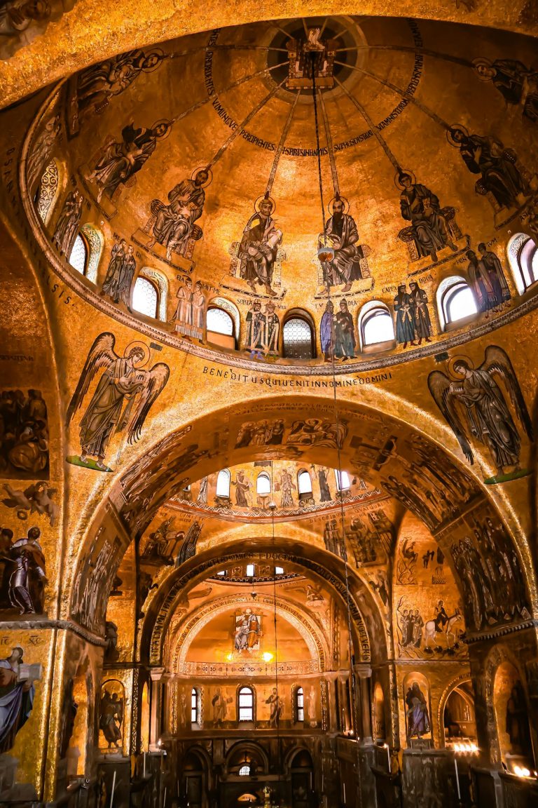 Intricate golden mosaics adorn the dome of St Mark's Basilica in Venice, Italy.
