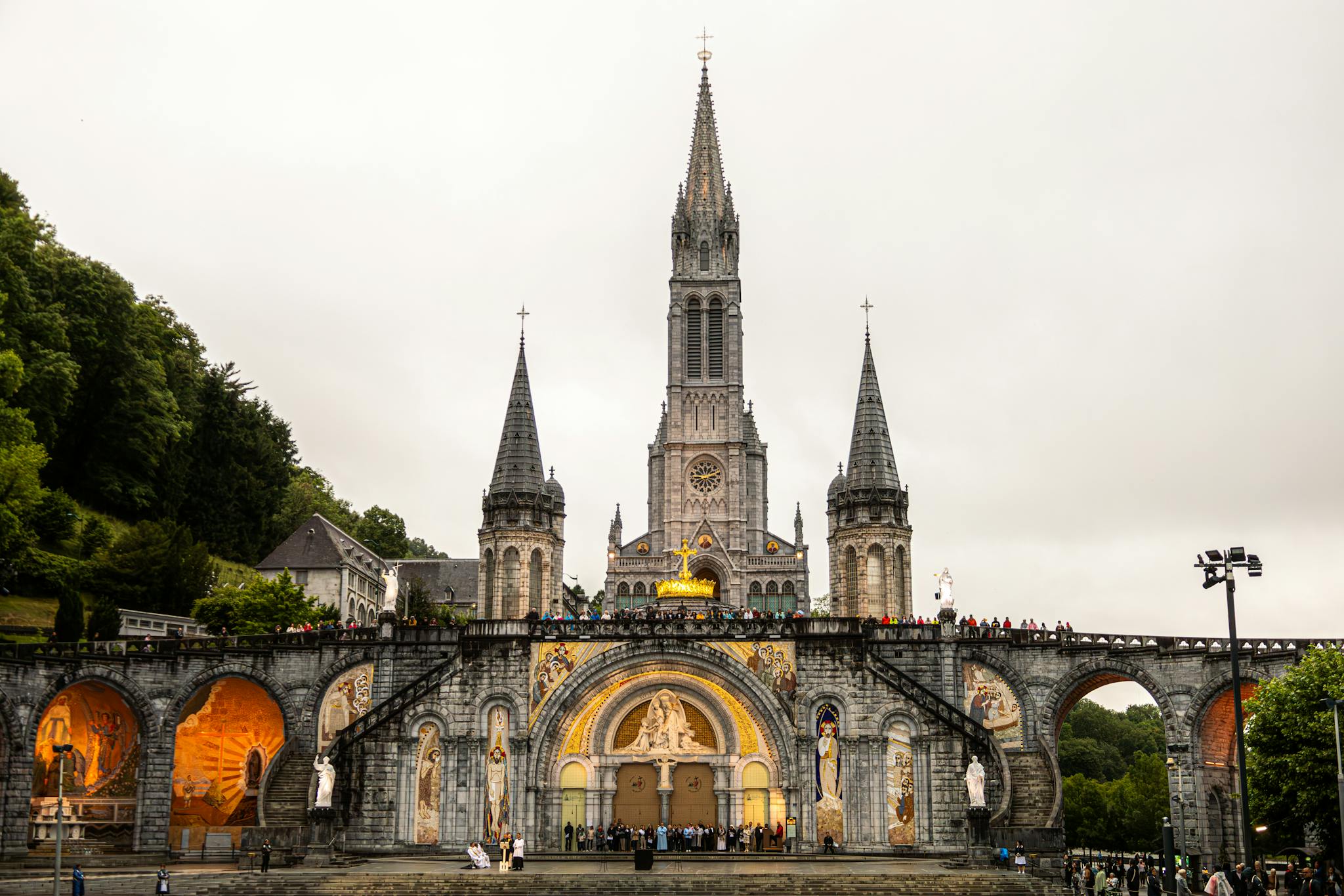 Stunning view of the Basilica of Our Lady of the Rosary, Lourdes, on an overcast day.